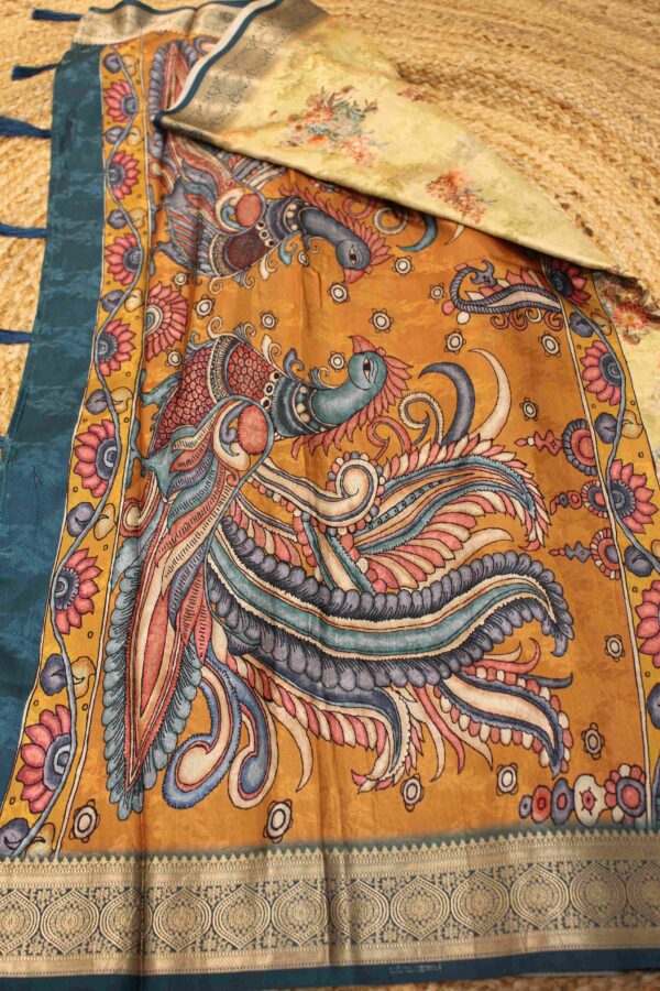 Yellow & Green Floral Printed Semi Silk Saree - Image 2