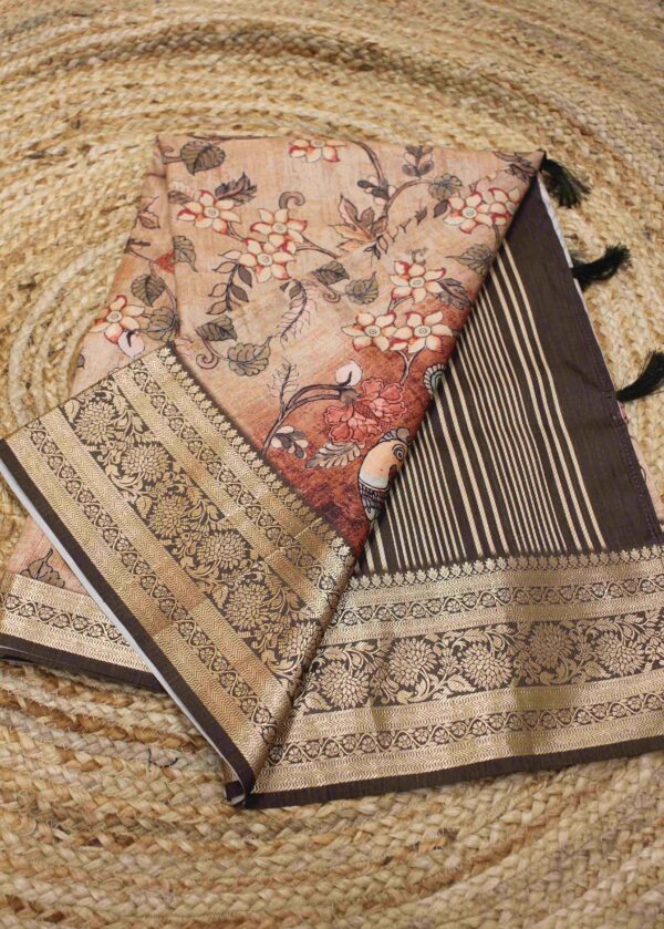 Kalamkari Printed with Zari Border Semi Silk Saree - Image 2