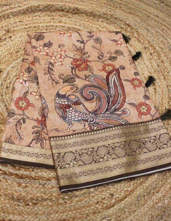 Kalamkari Printed with Zari Border Semi Silk Saree