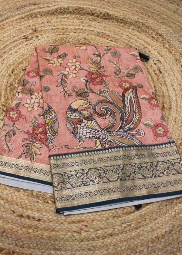 Kalamkari Printed with Zari Border Semi Silk Saree - Image 3