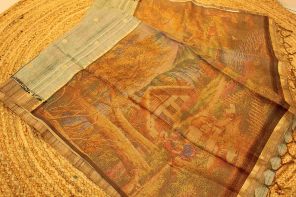 Green& Chickoo Floral Buttas Baluchari Silk Saree - Image 2