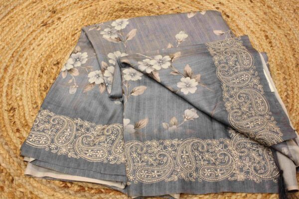 Floral Printed with Embroidery Border Semi Tussar Saree - Image 2