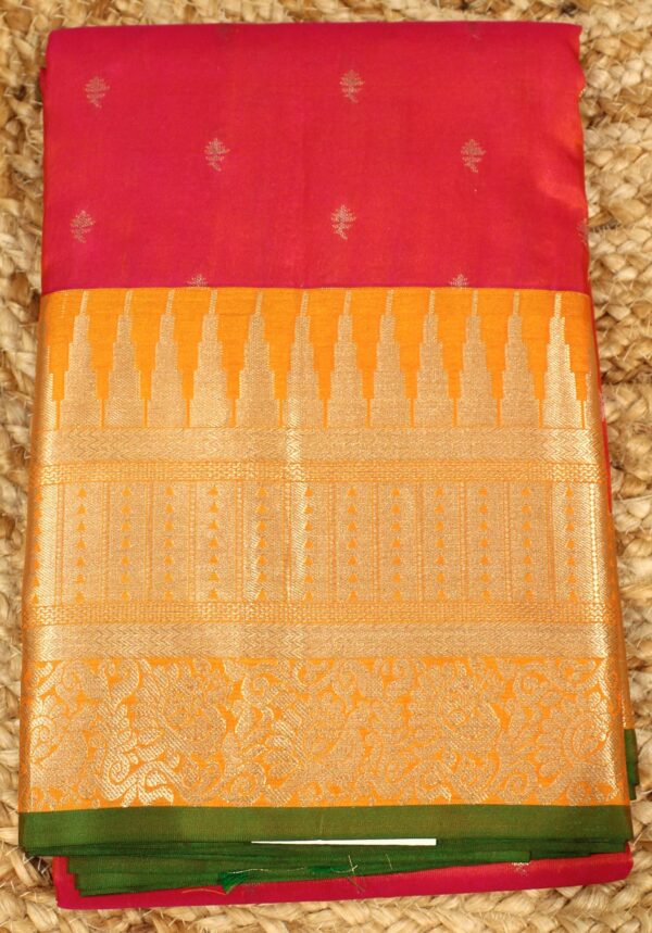 Pink & Orange Temple Border with Small Buttas Pure Kanchi Silk Saree