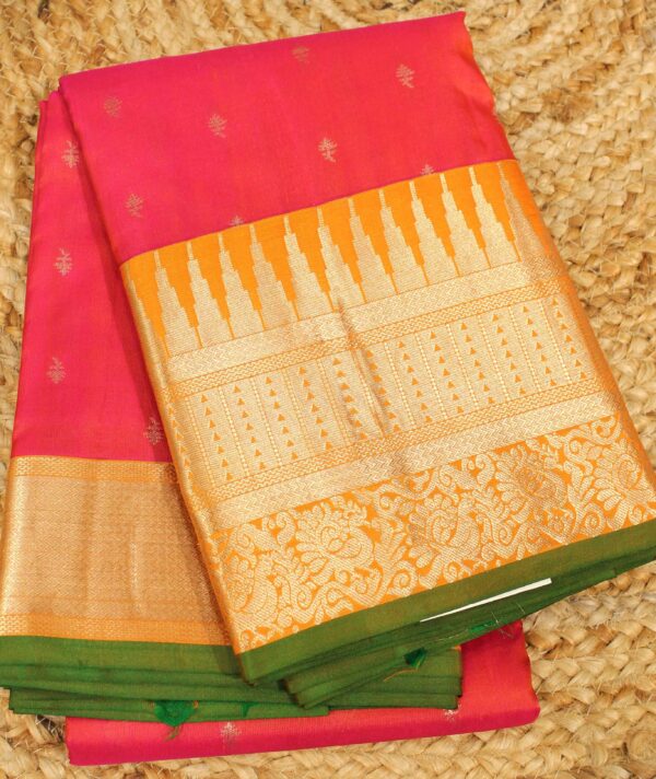 Pink & Orange Temple Border with Small Buttas Pure Kanchi Silk Saree - Image 2