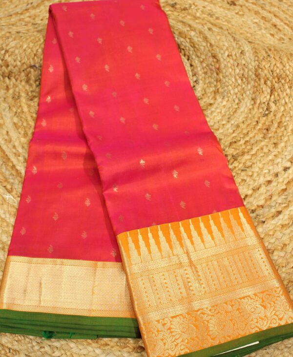 Pink & Orange Temple Border with Small Buttas Pure Kanchi Silk Saree - Image 3