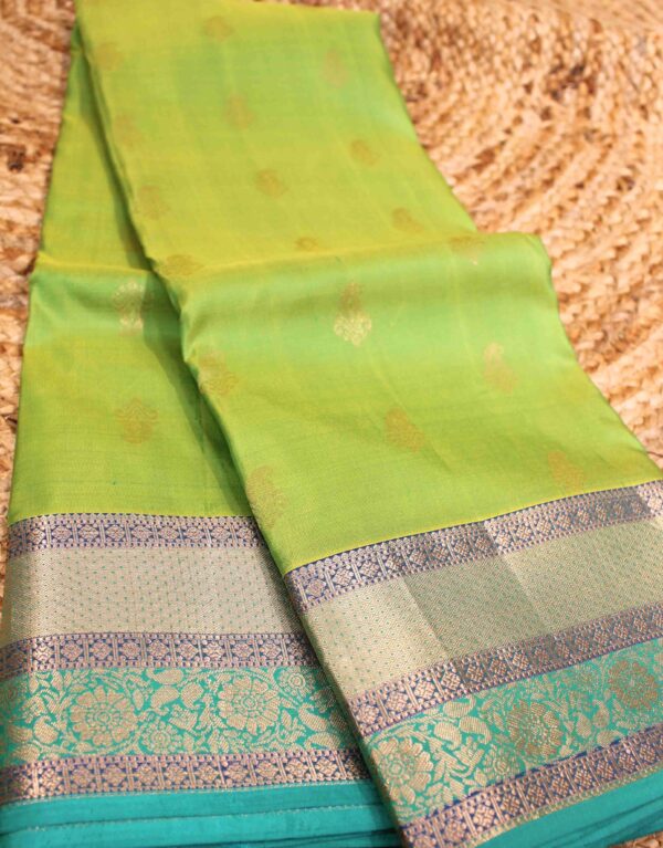 Parrot Green & Blue with Mango Buttas Pure Kanchi Silk Saree - Image 2
