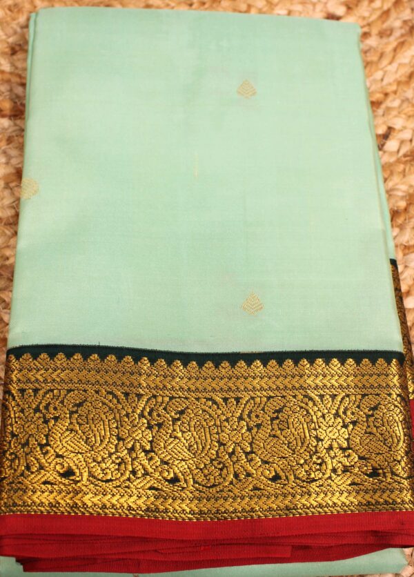 Mint Green & Bottle Green Small Zari Buttas Pure Kanchi Silk Saree - Image 2