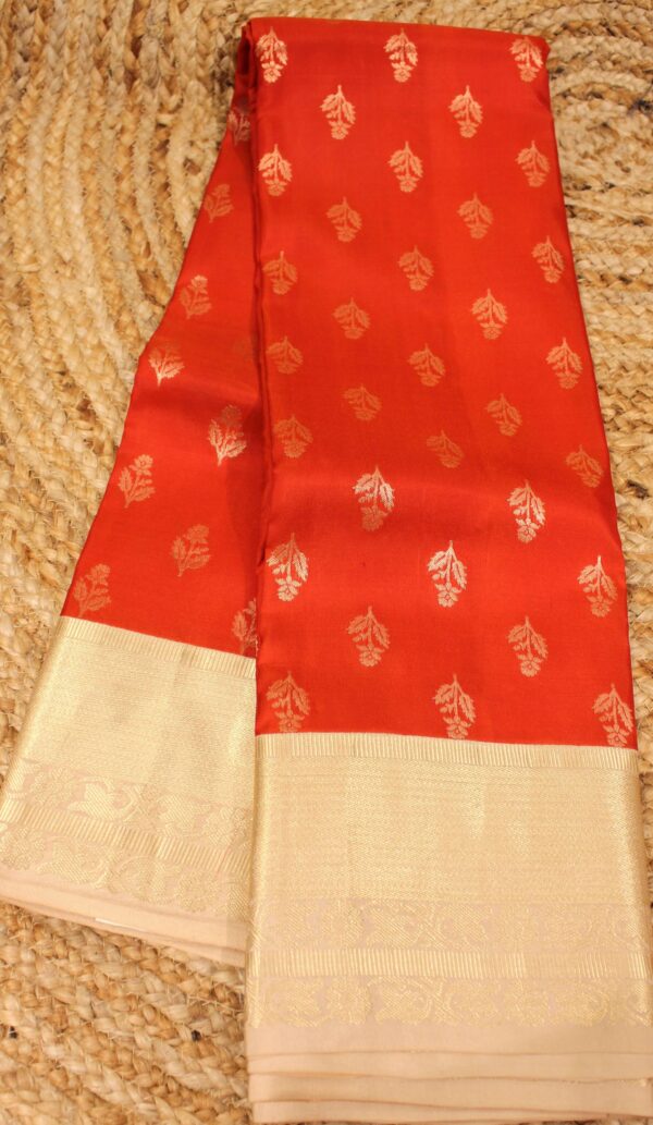 Red & Beige Floral Zari Buttas Pure Kanchi Silk Saree - Image 2