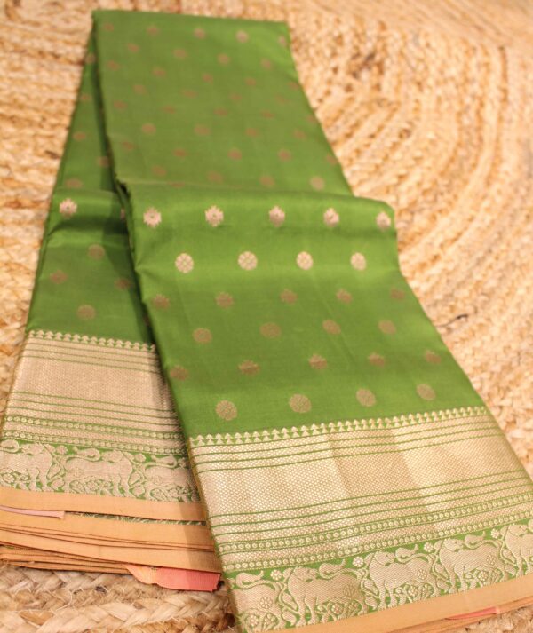 Olive Green & Peach Small Zari Buttas Pure Kanchi Silk Saree - Image 2