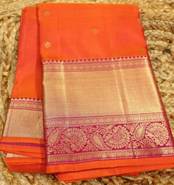 Orange & Purple Big Border Pure Kanchi Silk Saree - Image 2