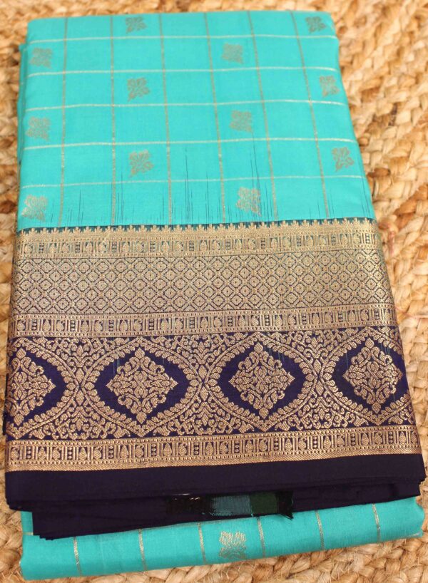 Turquoise & Navy Blue with Zari Checks & Buttas Pure Kanchi Silk Saree