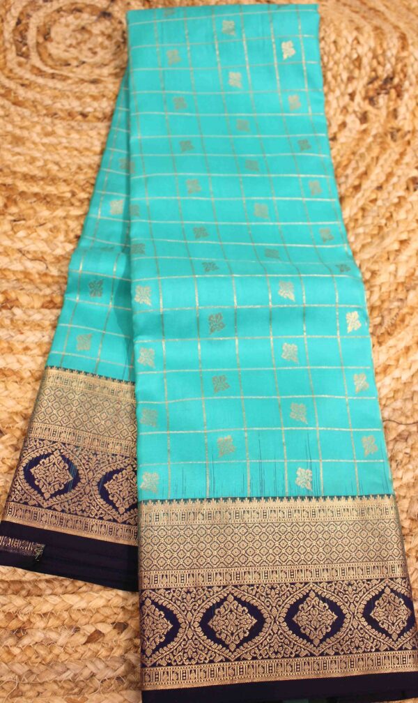 Turquoise & Navy Blue with Zari Checks & Buttas Pure Kanchi Silk Saree - Image 2