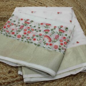 Off White with Floral Embroidery Cotton Tissue Saree