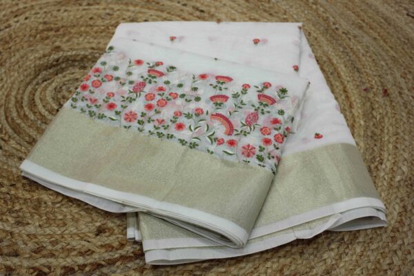 Off White with Floral Embroidery Cotton Tissue Saree