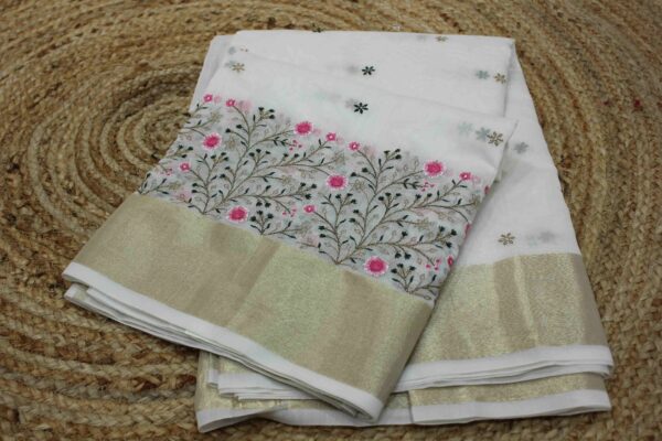 Off White with Floral & Zari Embroidery Cotton Tissue Saree