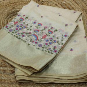 Beige with Floral Embroidery Cotton Tissue Saree