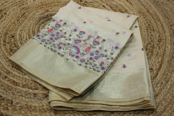 Beige with Floral Embroidery Cotton Tissue Saree