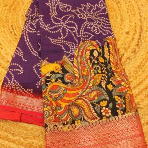Alternative view of Kalamkari and Bandhani Printed Dola Silk Saree