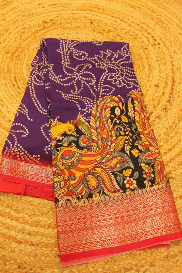 Kalamkari and Bandhani Printed Dola Silk Saree - Image 2