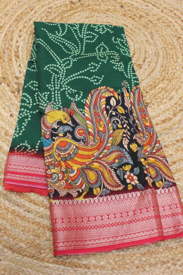Kalamkari and Bandhani Printed Dola Silk Saree - Image 3
