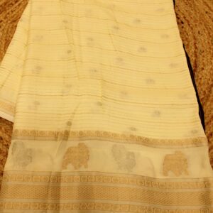 Horizontal Zari lines and Buttas with contrast blouse Mangalgiri Semi Silk