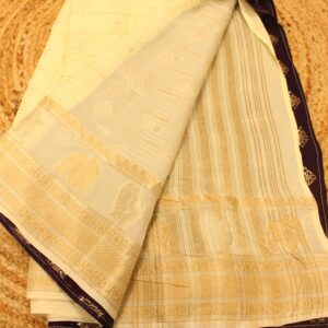 Alternative view of Horizontal Zari lines and Buttas with contrast blouse Mangalgiri Semi Silk