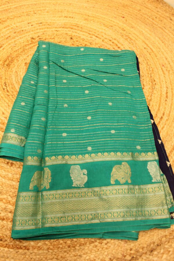Horizontal Zari lines and Buttas with contrast blouse Mangalgiri Semi Silk - Image 3