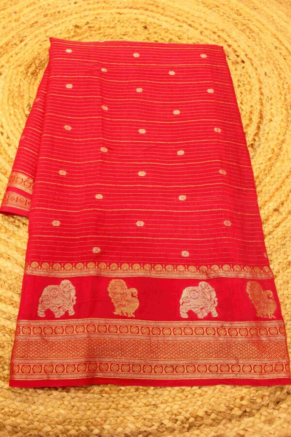 Horizontal Zari lines and Buttas with contrast blouse Mangalgiri Semi Silk - Image 5