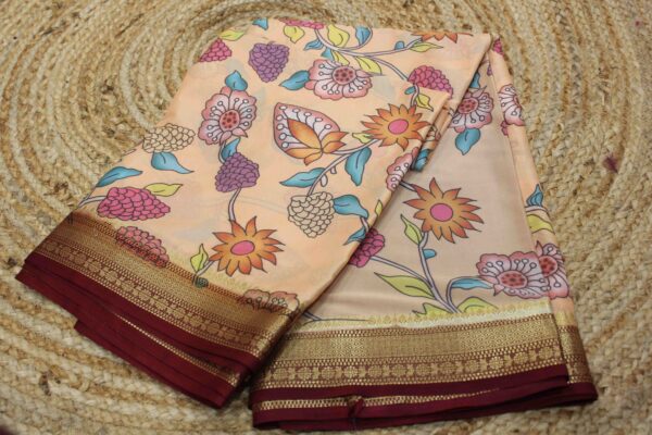 Orange and Maroon Floral prints semi Mysore silk saree