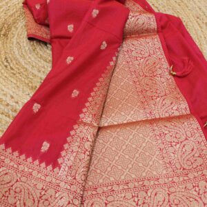 Alternative view of Red Zari butta with big border and rich pallu Assam Silk Saree