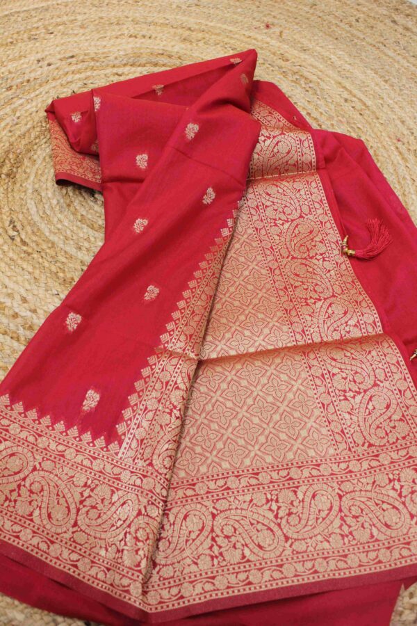 Red Zari butta with big border and rich pallu Assam Silk Saree - Image 2
