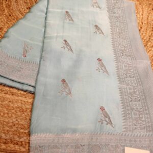 Zari Woven Parrot Motifs Satin Banaras Saree
