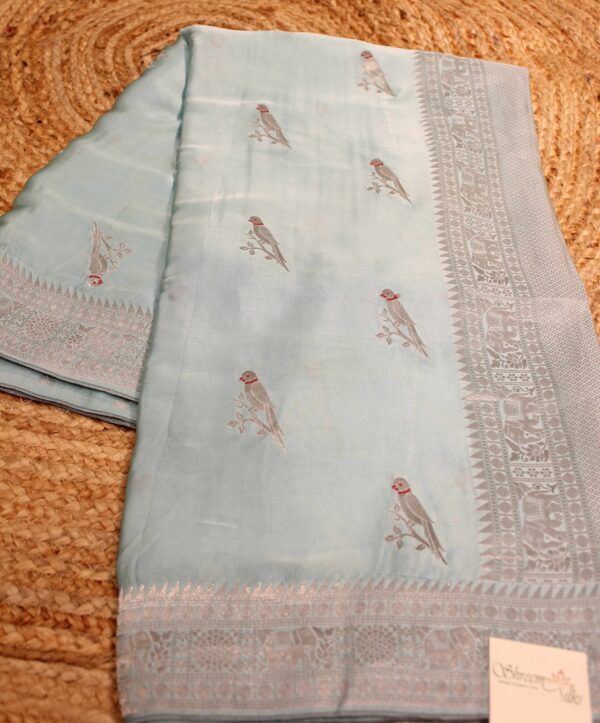 Zari Woven Parrot Motifs Satin Banaras Saree