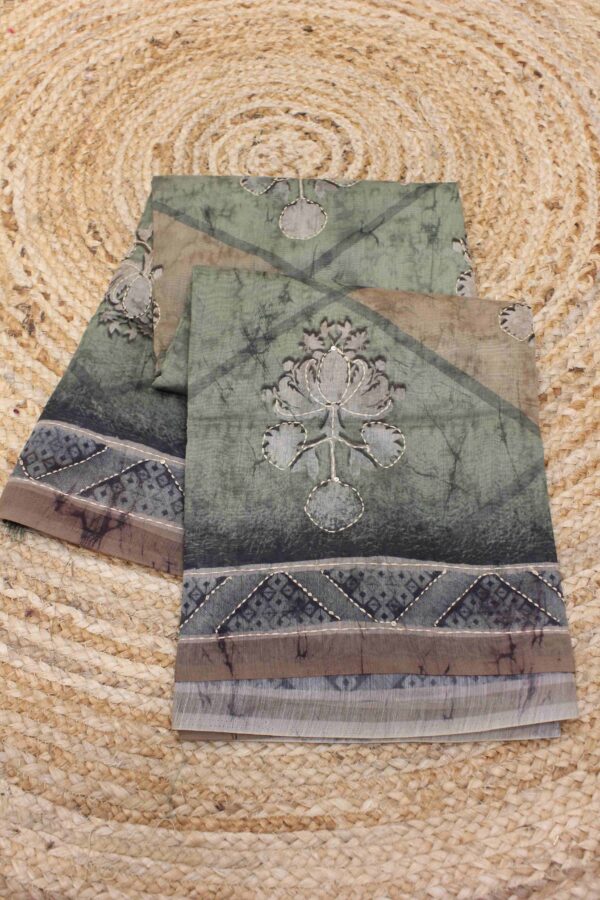 Printed Kantha Work Chanderi Saree - Image 2