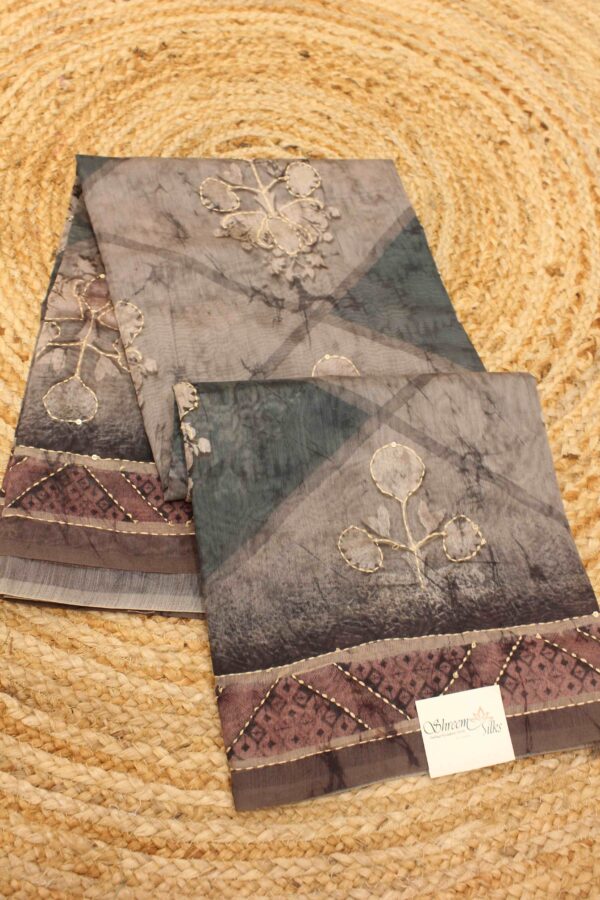 Printed Kantha Work Chanderi Saree - Image 3