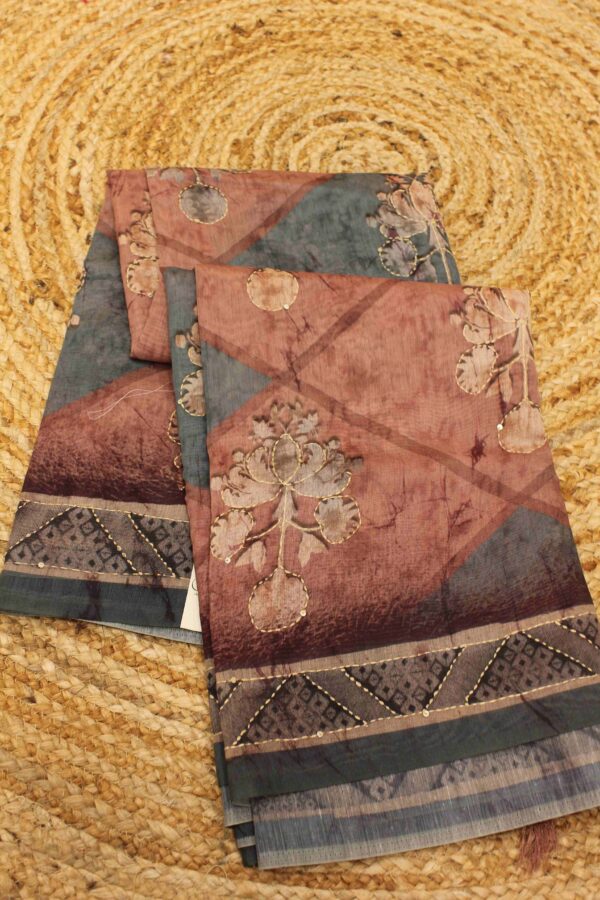 Printed Kantha Work Chanderi Saree - Image 4