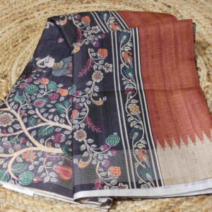 Temple Border with Kalamkari Printed Pallu Semi Tussar Saree