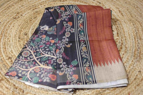 Temple Border with Kalamkari Printed Pallu Semi Tussar Saree