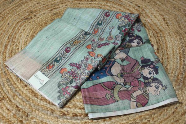 Temple Border with Kalamkari Printed Pallu Semi Tussar Saree - Image 2
