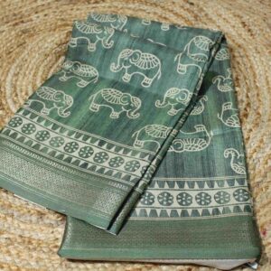 Elephant Motif Prints with Zari Border Tussar Saree