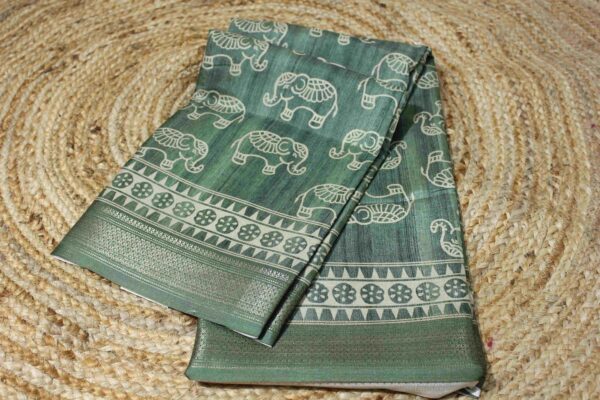 Elephant Motif Prints with Zari Border Tussar Saree
