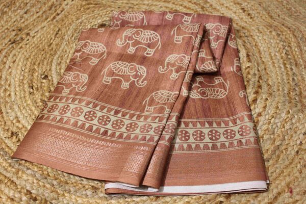 Elephant Motif Prints with Zari Border Tussar Saree - Image 2