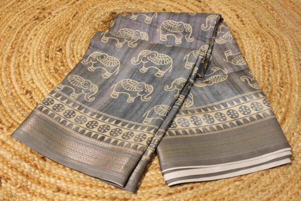 Elephant Motif Prints with Zari Border Tussar Saree - Image 3