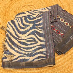 Blue and White Leheriya Prints with Kantha Work Semi Tussar Saree