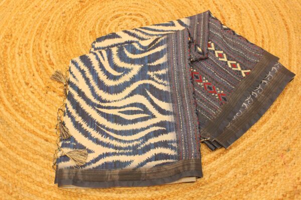 Blue and White Leheriya Prints with Kantha Work Semi Tussar Saree