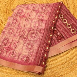 Pink and White Bandhani Prints with Kantha Work Semi Tussar Saree