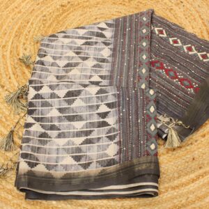Grey and White Geometrical Prints with Kantha Work Semi Tussar Saree