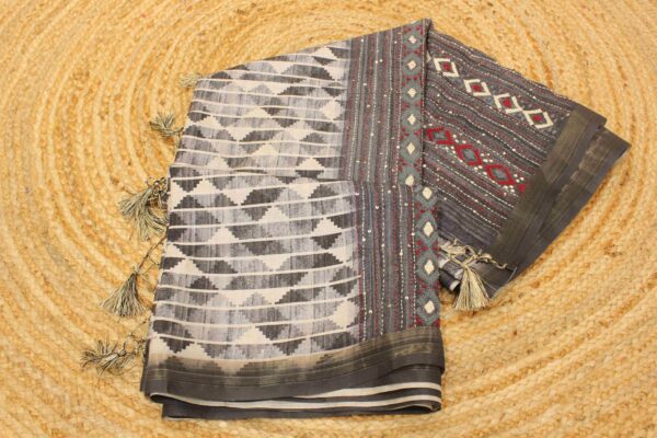 Grey and White Geometrical Prints with Kantha Work Semi Tussar Saree