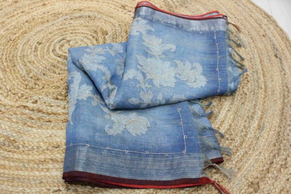 Flower Prints with Zari work Tissue Linen Saree - Image 2