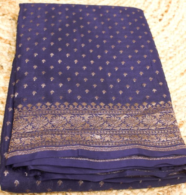 Navy Blue Small Floral Buttas Pure Crepe Chiffon Banaras Saree - Image 3